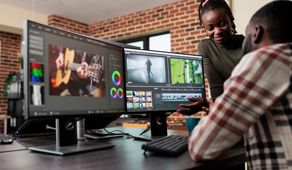 post-production-department-leader-advising-colleague-improve-colors-frames-quality-footage-creative-professional-video-editors-collaborating-order-finish-film-project-upon-deadline-scaled